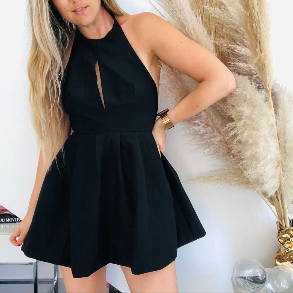 KEEPSAKE REVOLVE Black Slit Neck Fit Flare Halter LBD Mini Open Back Dress Small